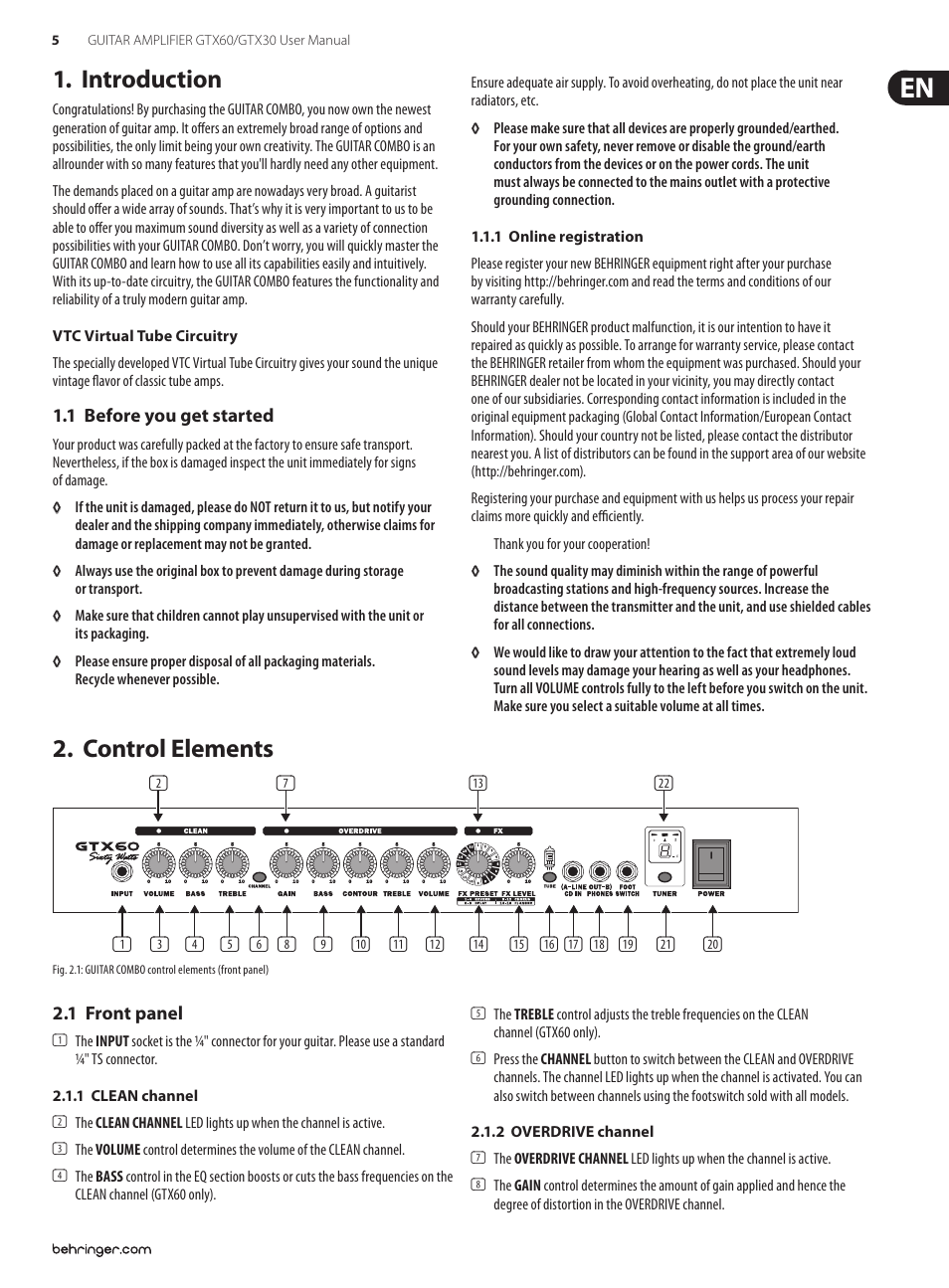 Introduction, 1 before you get started, 1 online registration | Control elements, 1 front panel, 1 clean channel, 2 overdrive channel, 1 clean channel 2.1.2 overdrive channel | Behringer GUITAR AMPLIFIER GTX60 User Manual | Page 5 / 10