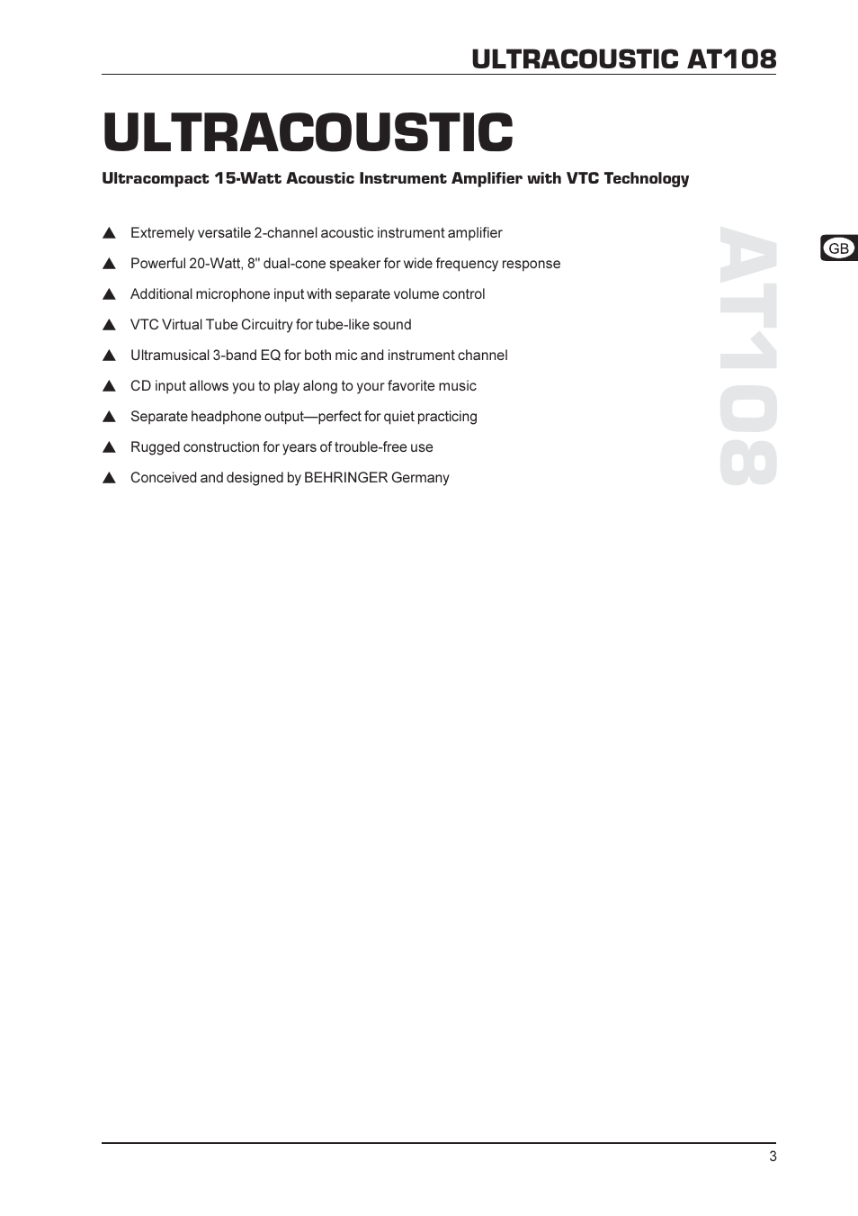 At108, Ultracoustic, Ultracoustic at108 | Behringer AT108 User Manual | Page 3 / 8