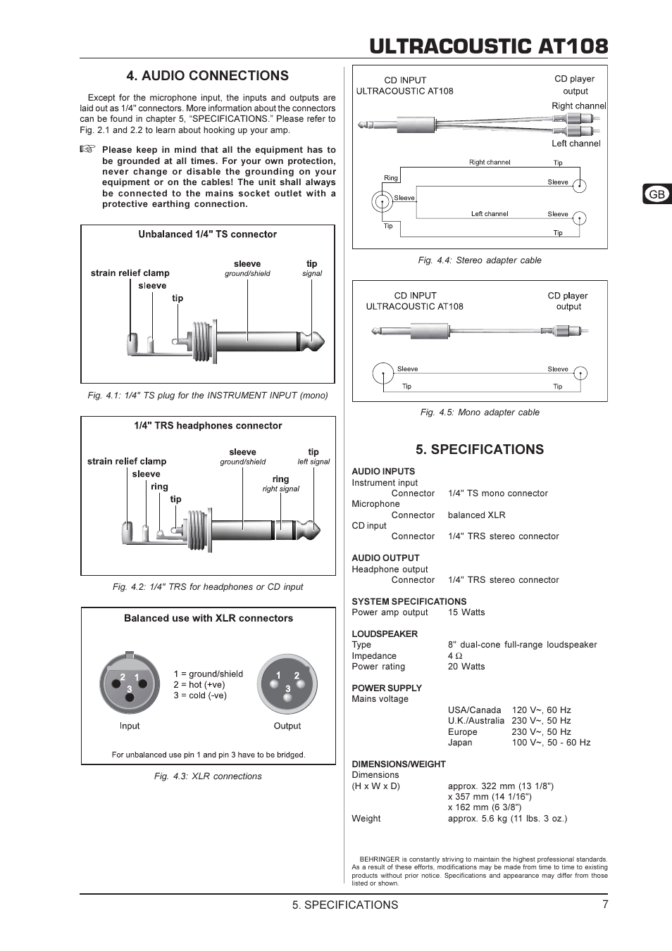 Ultracoustic at108, Audio connections, Specifications | Behringer AT108 User Manual | Page 7 / 8