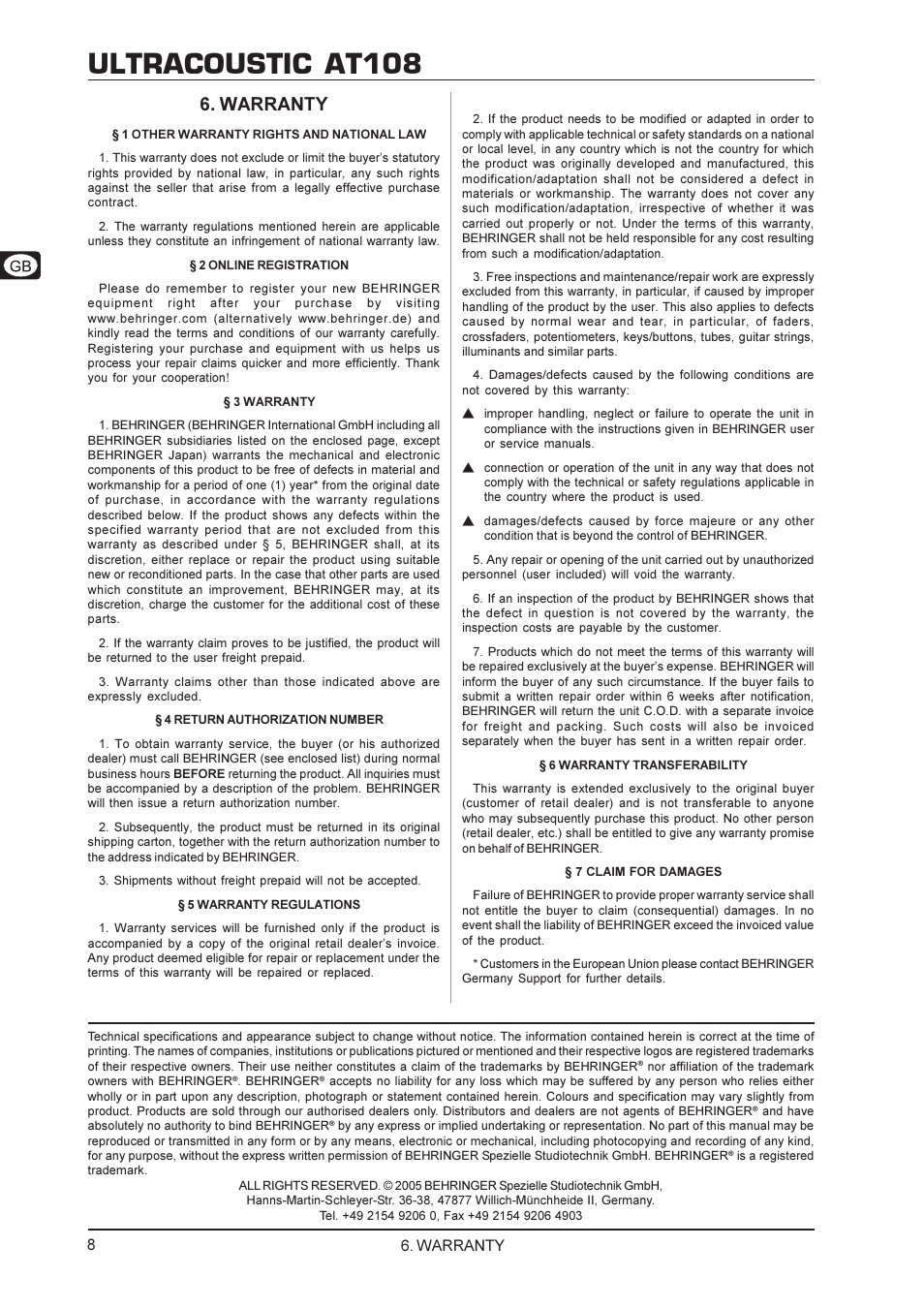 Ultracoustic at108, Warranty | Behringer AT108 User Manual | Page 8 / 8