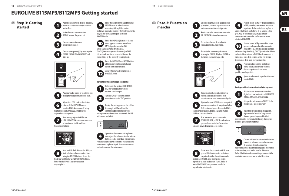 Step 3: getting started, Paso 3: puesta en marcha | Behringer EUROLIVE Active 1000-Watt 2-Way 15"/12" PA Speaker System with MP3Player User Manual | Page 10 / 17