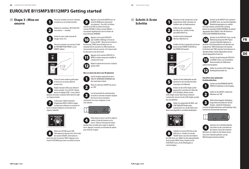 Etape 3 : mise en oeuvre, Schritt 3: erste schritte | Behringer EUROLIVE Active 1000-Watt 2-Way 15"/12" PA Speaker System with MP3Player User Manual | Page 11 / 17