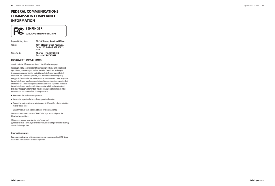 Behringer EUROLIVE Active 1000-Watt 2-Way 15"/12" PA Speaker System with MP3Player User Manual | Page 16 / 17