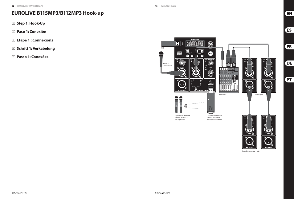 Step 1: hook-up, Paso 1: conexión, Etape 1 : connexions | Schritt 1: verkabelung, Passo 1: conexões | Behringer EUROLIVE Active 1000-Watt 2-Way 15"/12" PA Speaker System with MP3Player User Manual | Page 7 / 17