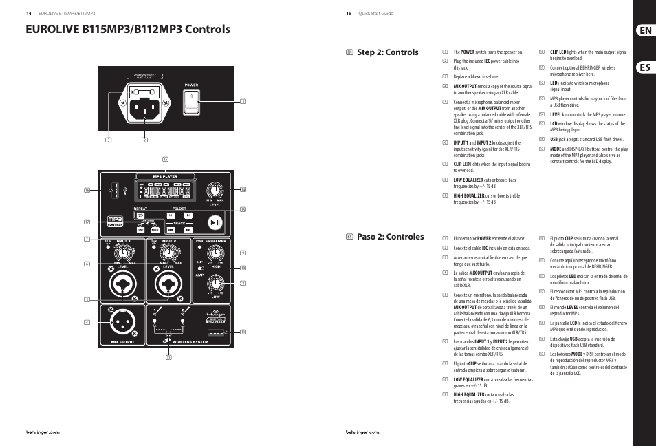 Step 2: controls, Paso 2: controles | Behringer EUROLIVE Active 1000-Watt 2-Way 15"/12" PA Speaker System with MP3Player User Manual | Page 8 / 17