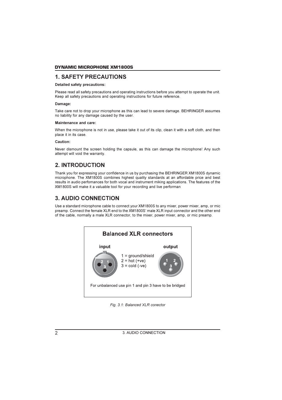 Safety precautions, Introduction, Audio connection | Behringer Dynamic Microphone XM1800S User Manual | Page 2 / 4