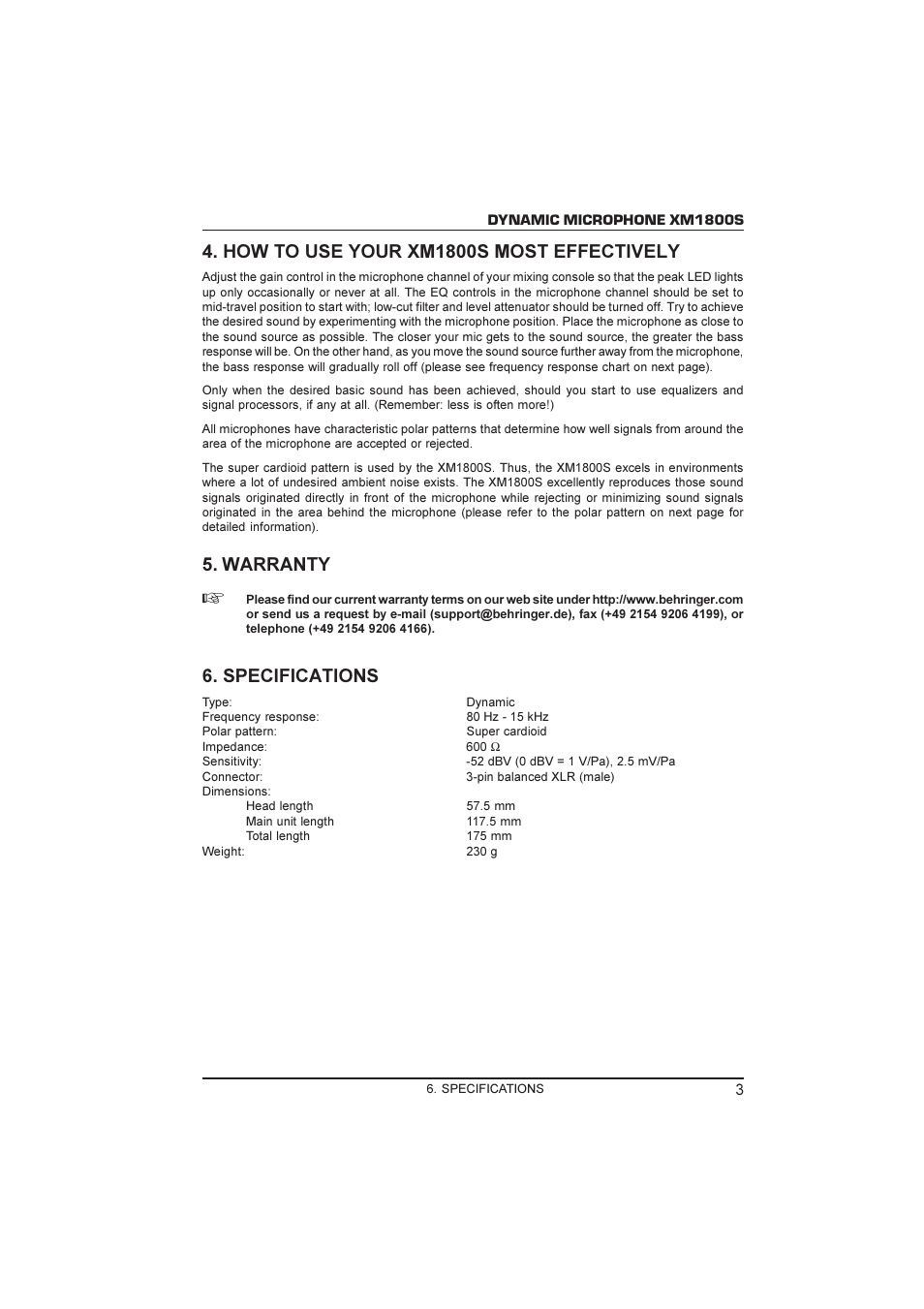 How to use your xm1800s most effectively, Warranty, Specifications | Behringer Dynamic Microphone XM1800S User Manual | Page 3 / 4