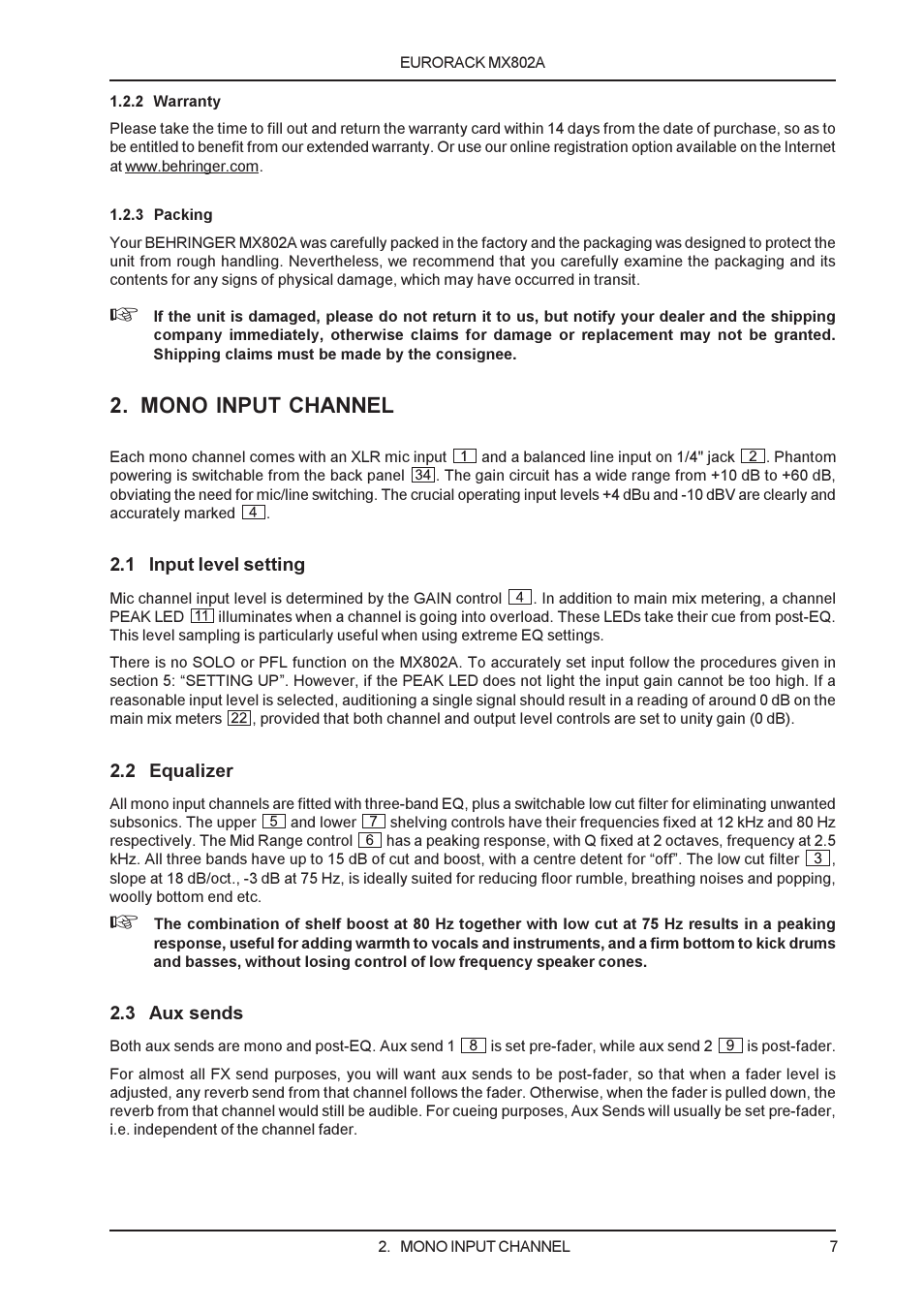 Mono input channel | Behringer EURORACK MX802A User Manual | Page 4 / 9
