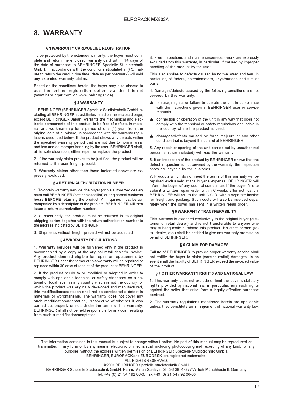 Warranty | Behringer EURORACK MX802A User Manual | Page 9 / 9