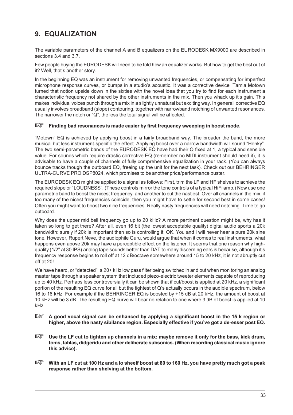 Equalization | Behringer MX9000 User Manual | Page 33 / 57