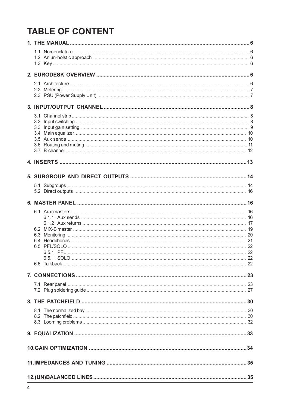 Table of content | Behringer MX9000 User Manual | Page 4 / 57
