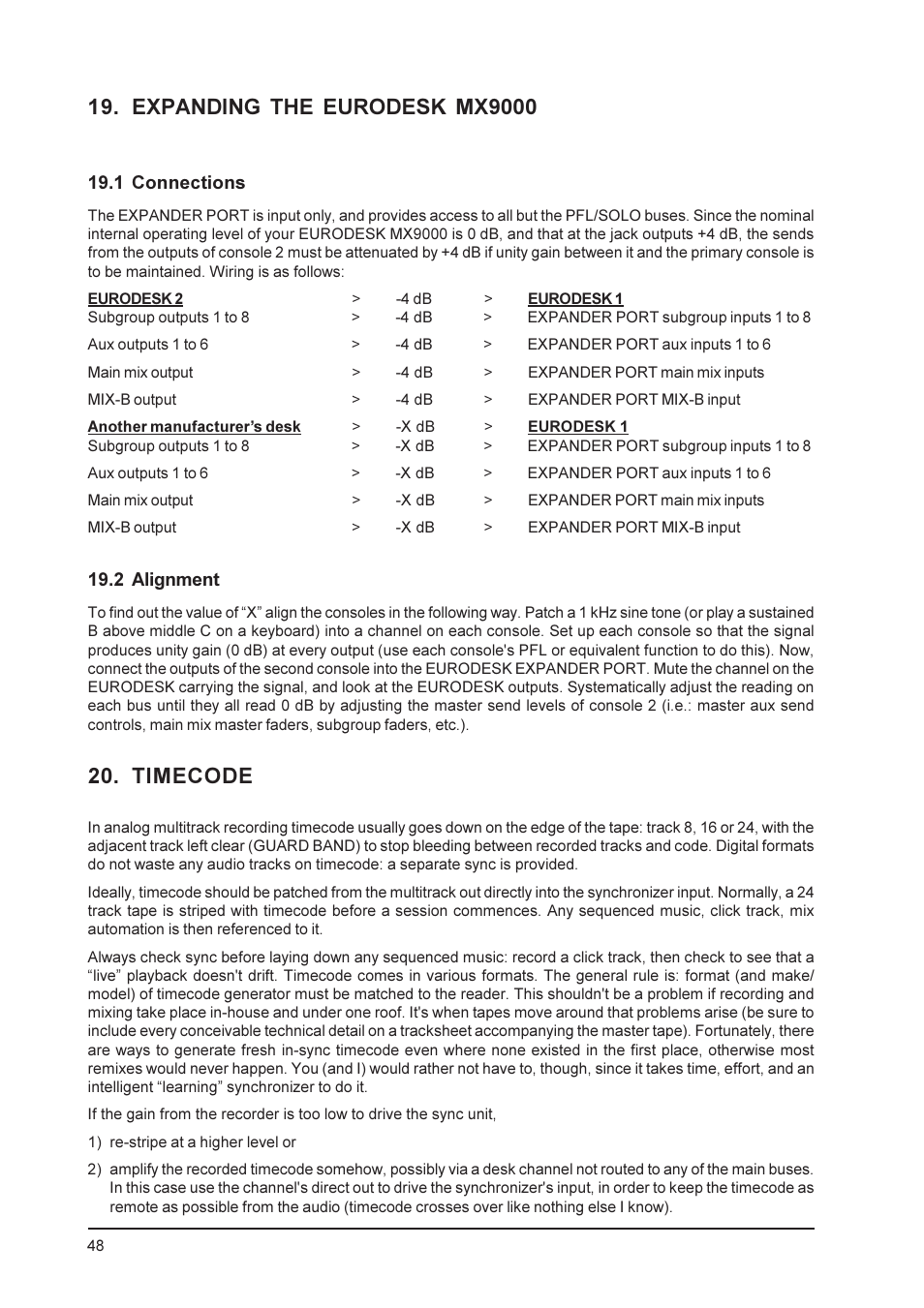 Expanding the eurodesk mx9000, Timecode | Behringer MX9000 User Manual | Page 48 / 57