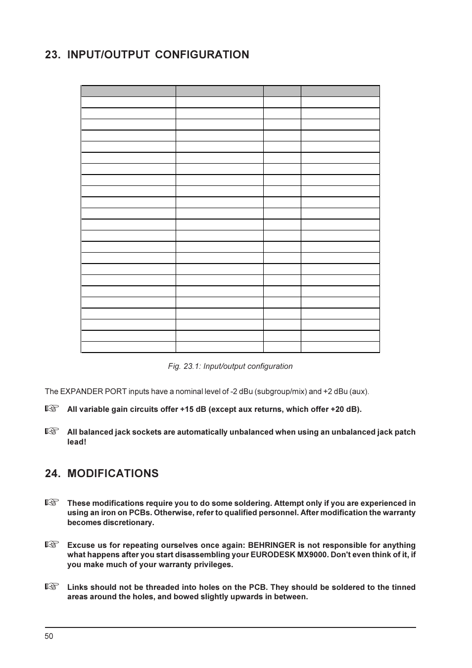 Input/output configuration, Modifications | Behringer MX9000 User Manual | Page 50 / 57