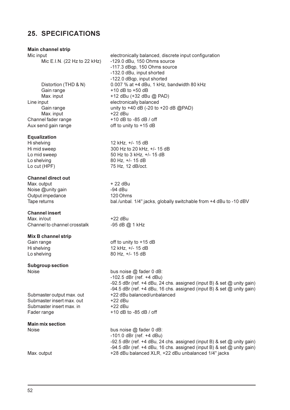 Specifications | Behringer MX9000 User Manual | Page 52 / 57