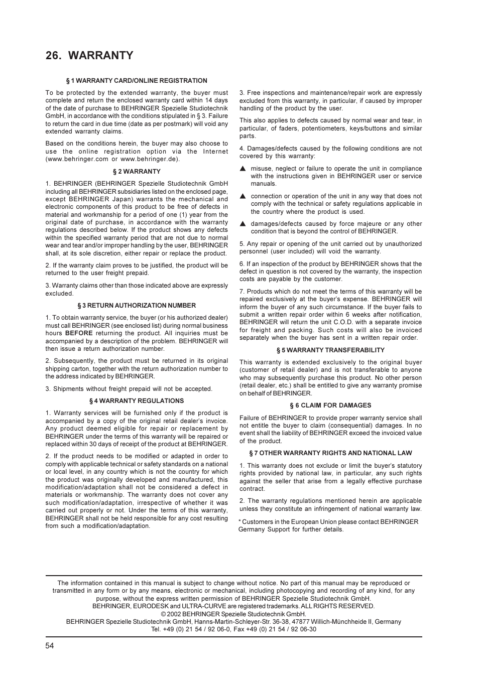 Warranty | Behringer MX9000 User Manual | Page 54 / 57