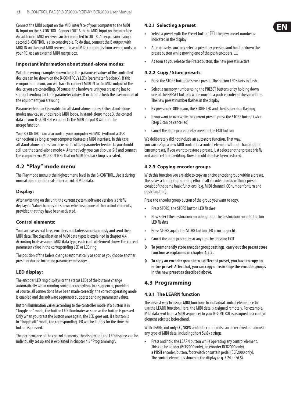 2 “play” mode menu, 3 programming, 2 “play” mode menu 4.3 programming | Behringer B-Control Fader/Rotary BCF2000 User Manual | Page 13 / 23