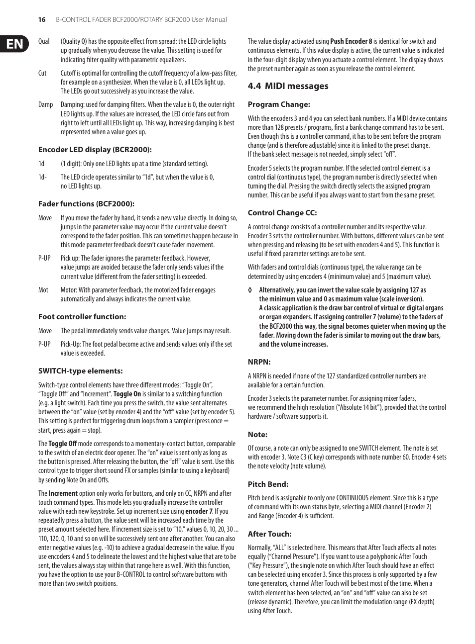 4 midi messages | Behringer B-Control Fader/Rotary BCF2000 User Manual | Page 16 / 23
