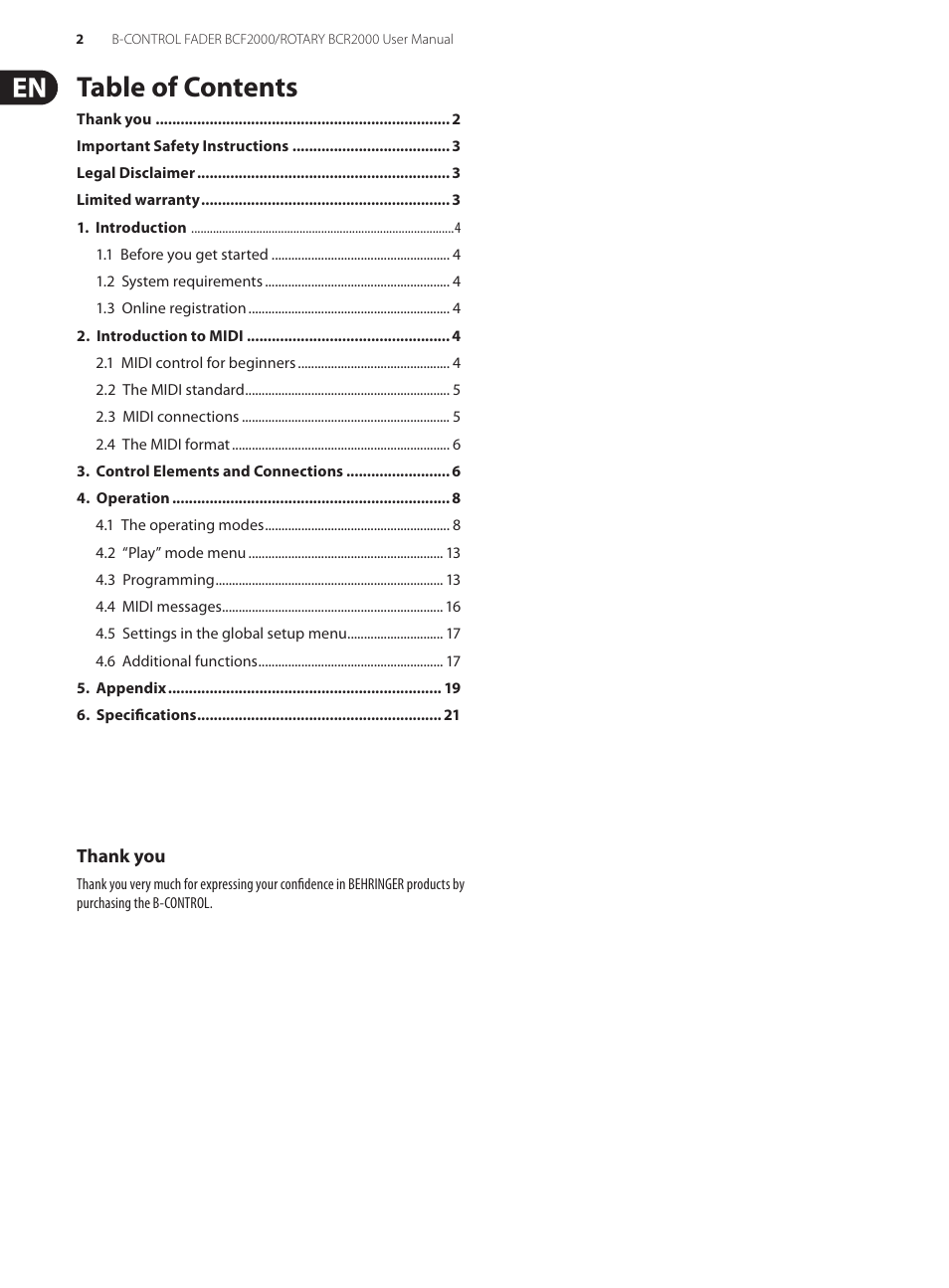 Behringer B-Control Fader/Rotary BCF2000 User Manual | Page 2 / 23