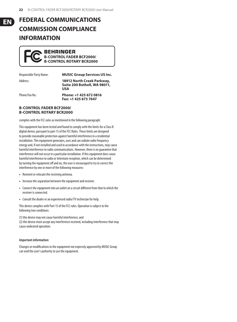 Behringer B-Control Fader/Rotary BCF2000 User Manual | Page 22 / 23