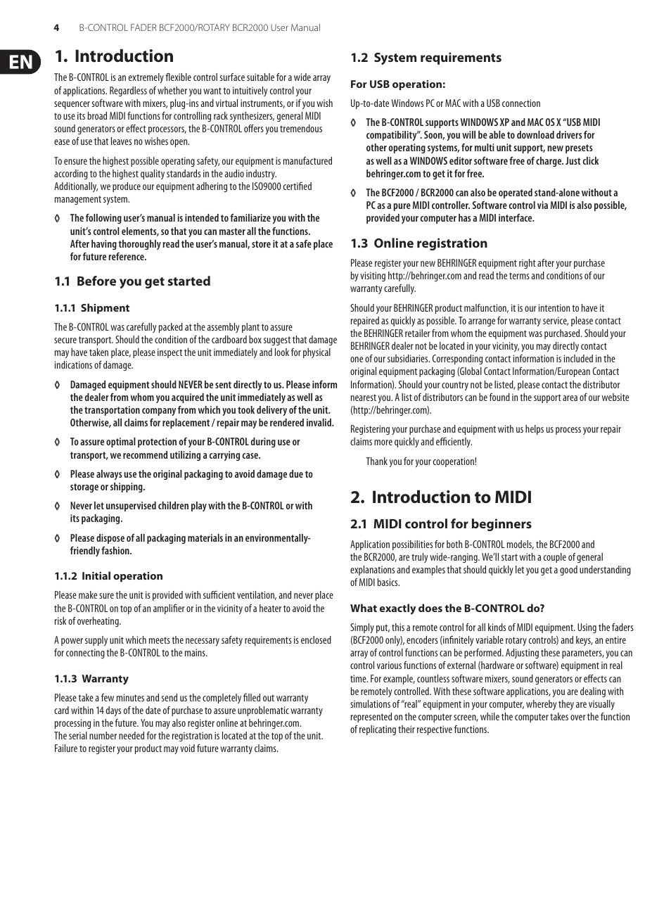 Introduction, 1 before you get started, 2 system requirements | 3 online registration, Introduction to midi, 1 midi control for beginners | Behringer B-Control Fader/Rotary BCF2000 User Manual | Page 4 / 23
