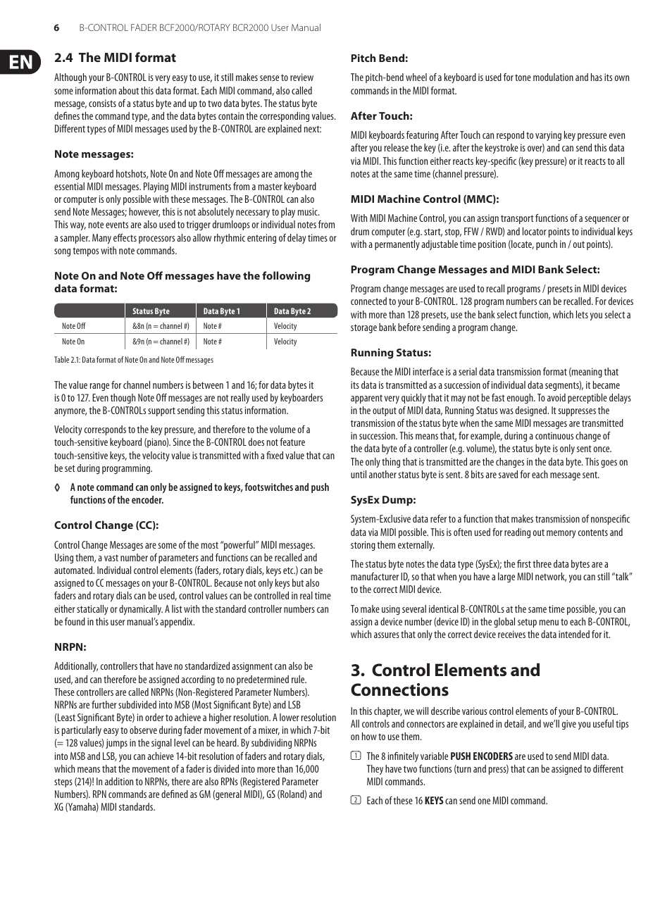 4 the midi format, Control elements and connections | Behringer B-Control Fader/Rotary BCF2000 User Manual | Page 6 / 23