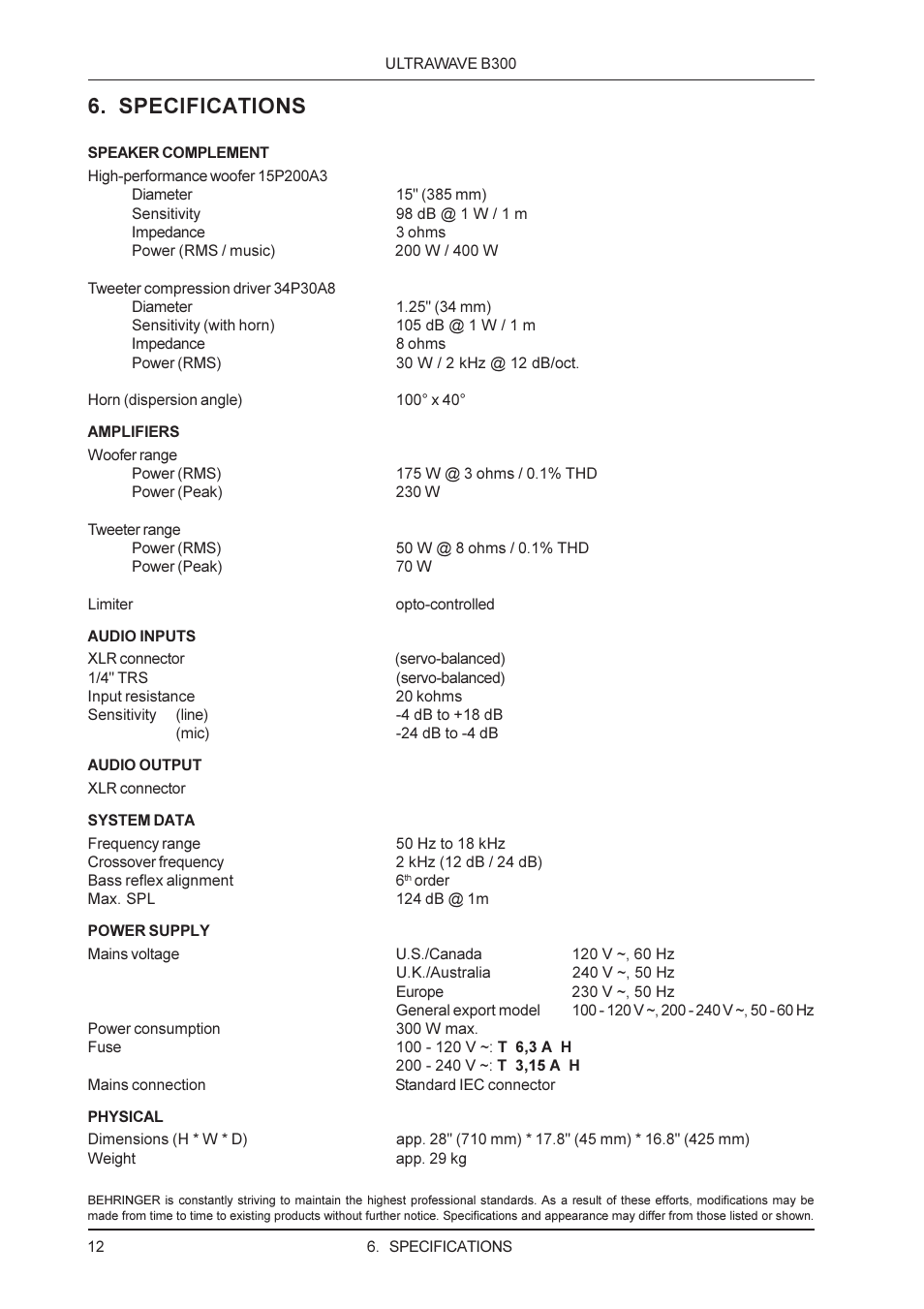 Specifications | Behringer ULTRAWAVE B300 User Manual | Page 12 / 13