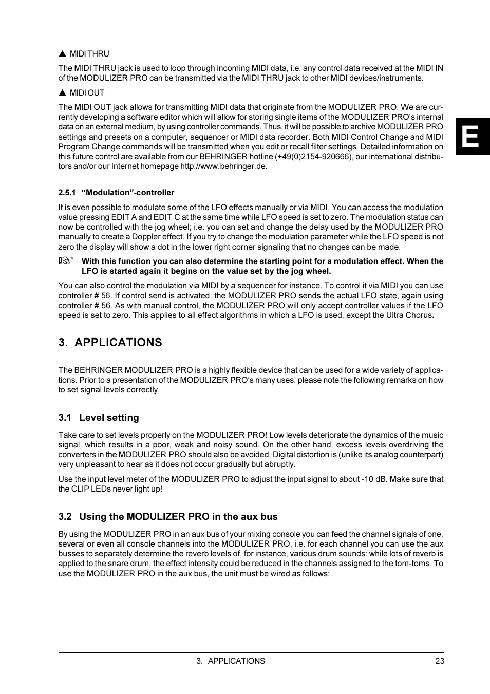 1 "modulation"-controller, Applications, 1 level setting | 2 using the modulizer pro in the aux bus, 1 modulation-controller | Behringer DSP1200P User Manual | Page 23 / 42