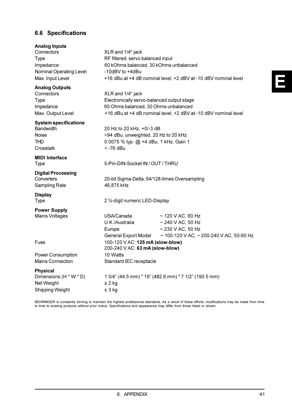 6 specifications, 4 default settings, 5 preset parameters | Behringer DSP1200P User Manual | Page 41 / 42