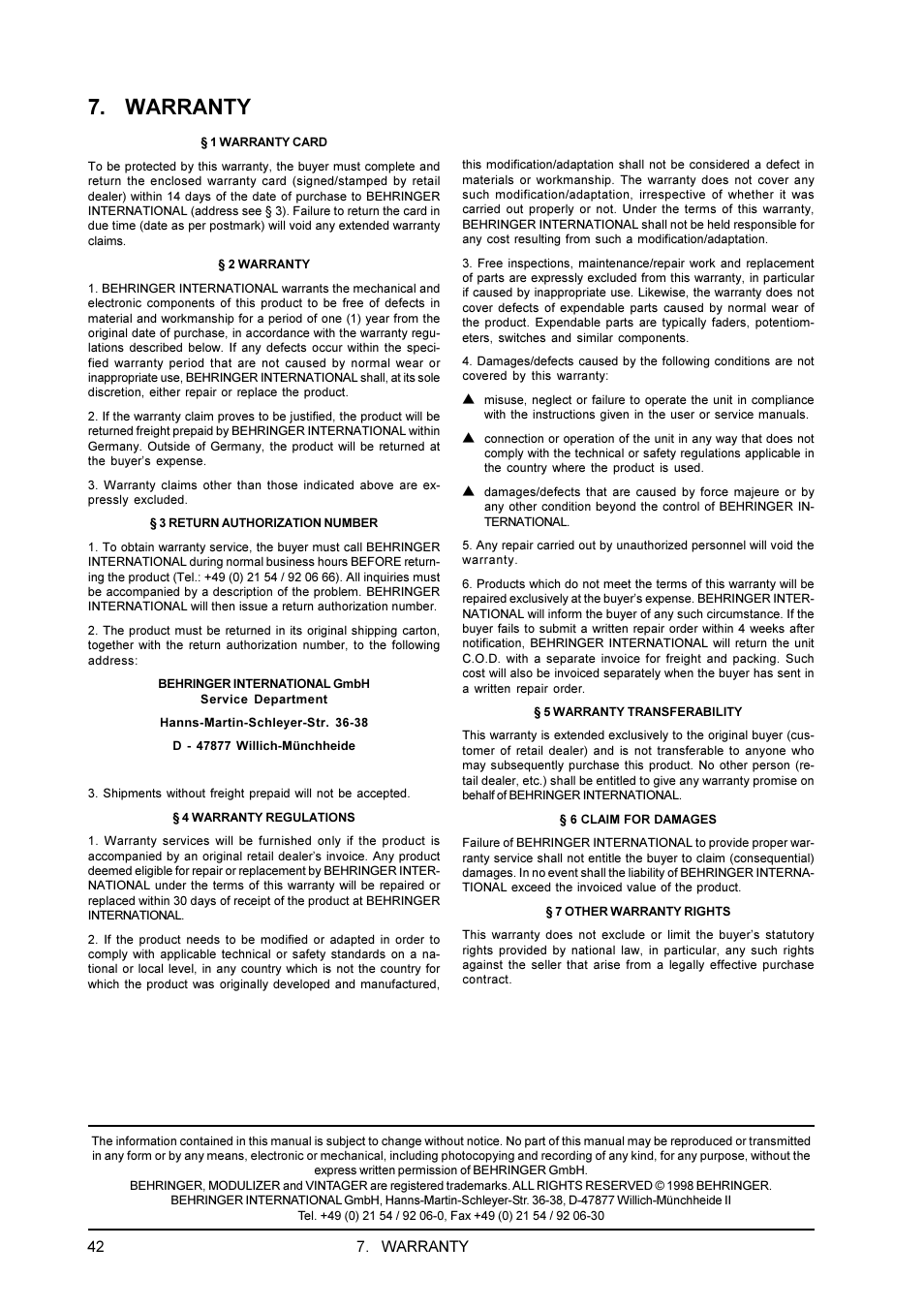 Warranty | Behringer DSP1200P User Manual | Page 42 / 42