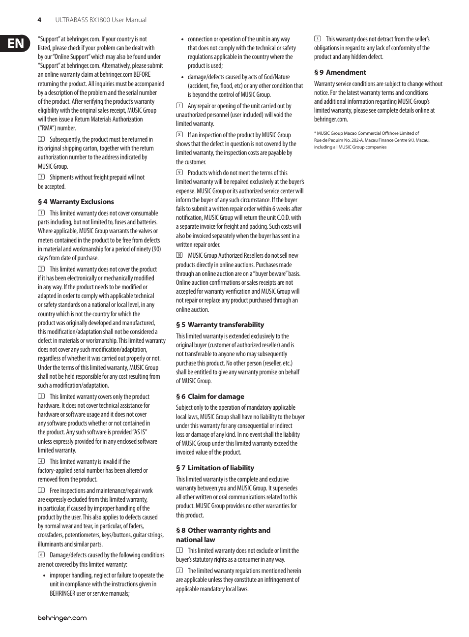 Behringer 180-Watt Bass Amplifier with Original BUGERA Speaker and VTC-Technology BX1800 User Manual | Page 4 / 9