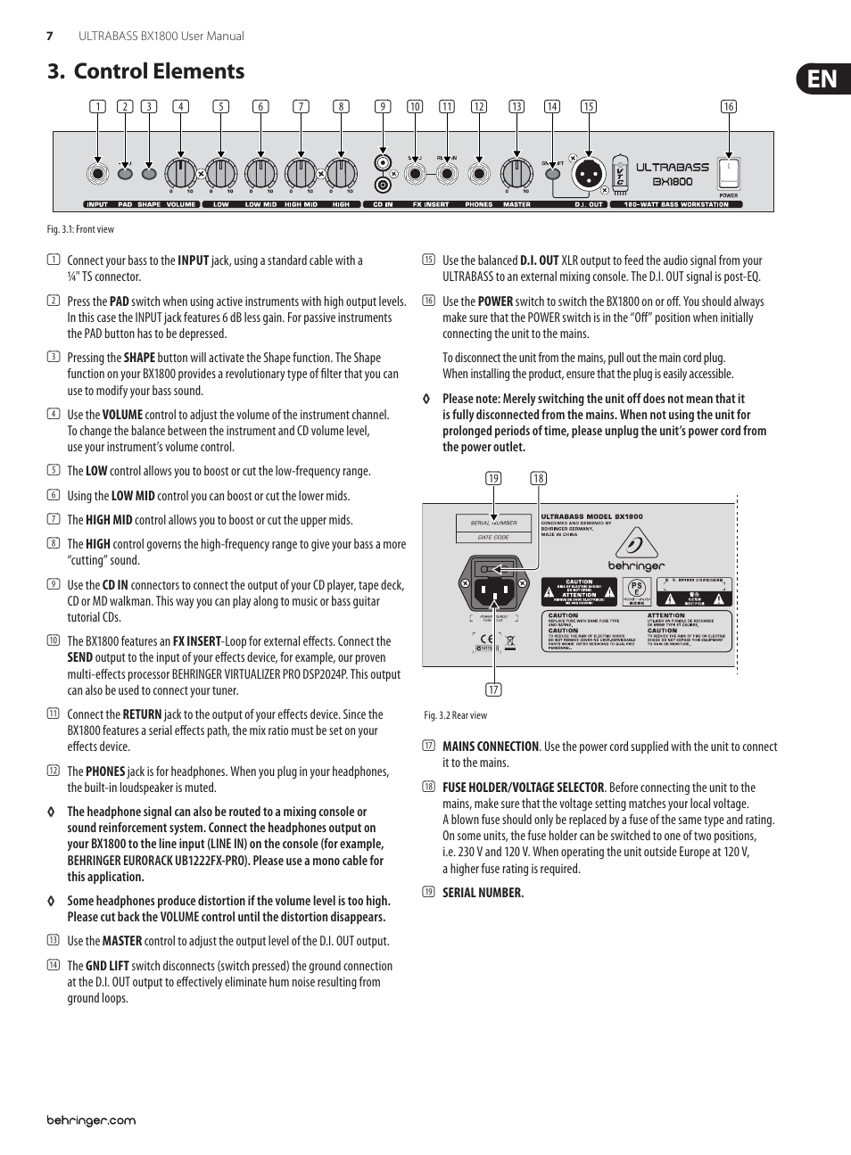 Control elements | Behringer 180-Watt Bass Amplifier with Original BUGERA Speaker and VTC-Technology BX1800 User Manual | Page 7 / 9