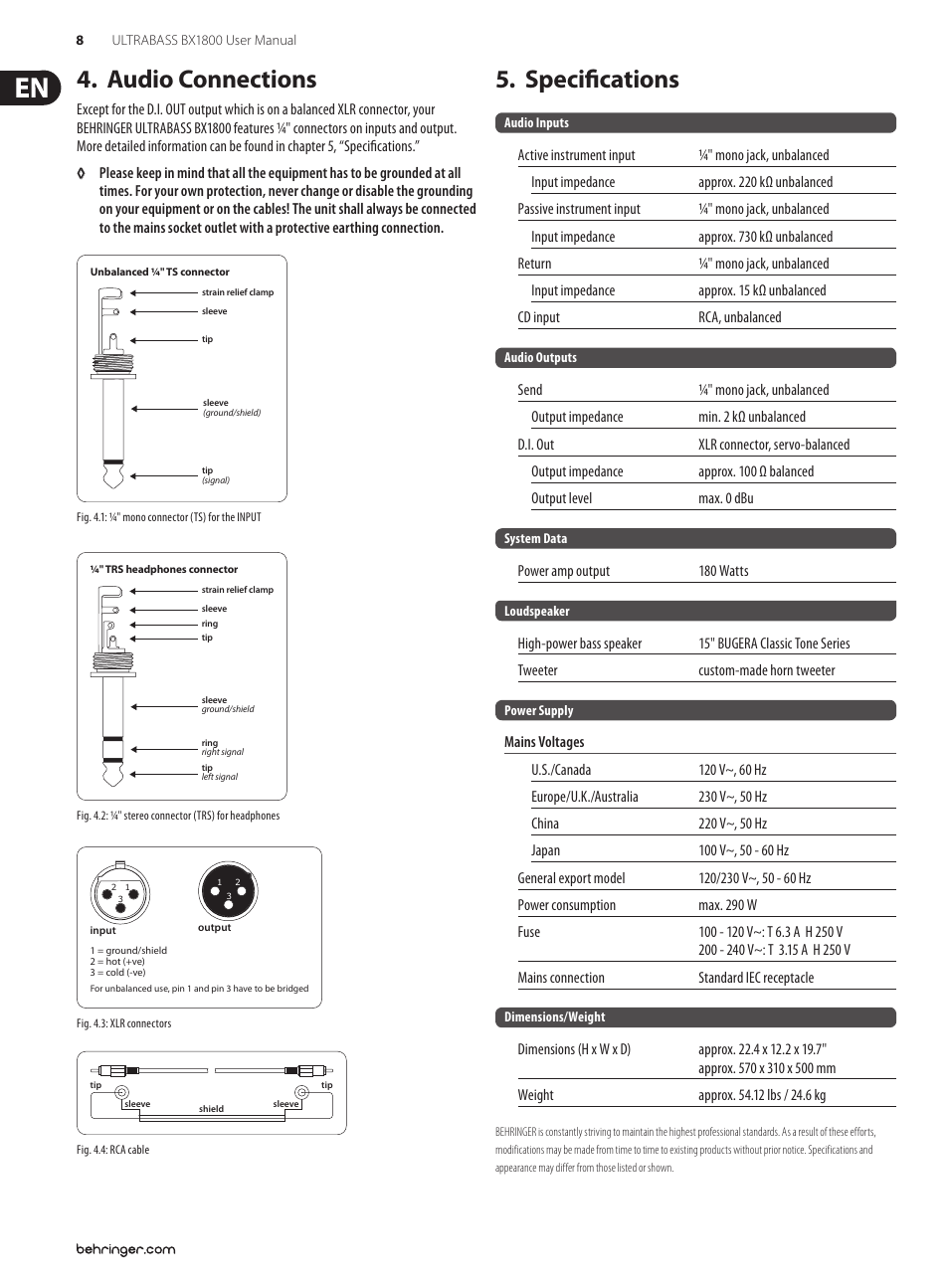 Audio connections, Specifications, Audio connections 5. specifications | Behringer 180-Watt Bass Amplifier with Original BUGERA Speaker and VTC-Technology BX1800 User Manual | Page 8 / 9