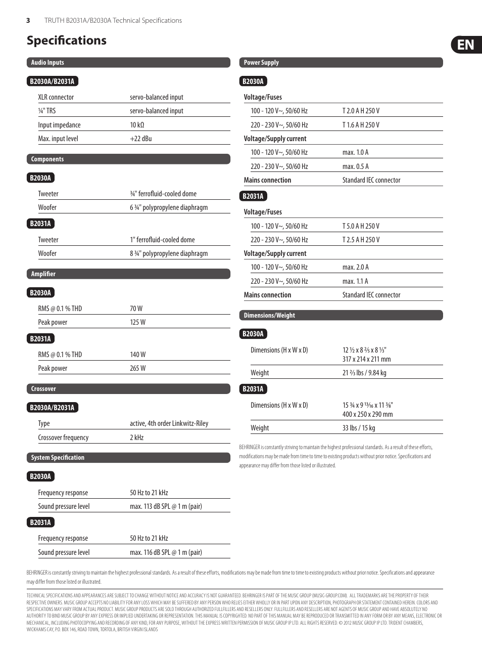 Specifications | Behringer High-Resolution User Manual | Page 3 / 3