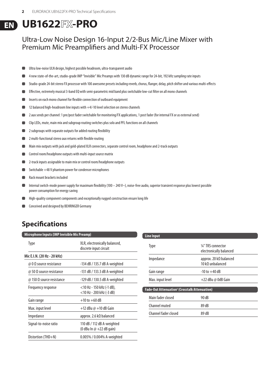 Ub1622 -pro, Specifications | Behringer UB1622FX-PRO User Manual | Page 2 / 3