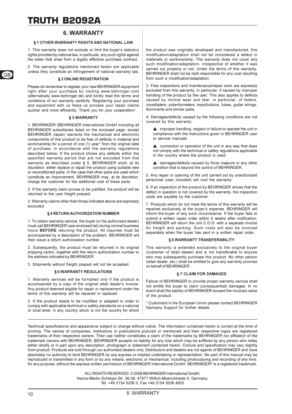 Truth b2092a, Warranty | Behringer TRUTH B2092A User Manual | Page 10 / 10