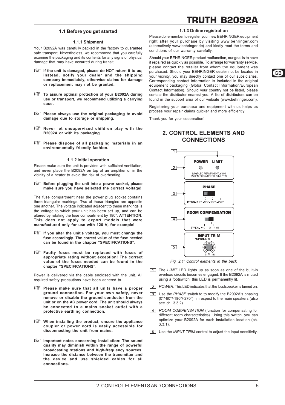 Truth b2092a, Control elements and connections | Behringer TRUTH B2092A User Manual | Page 5 / 10