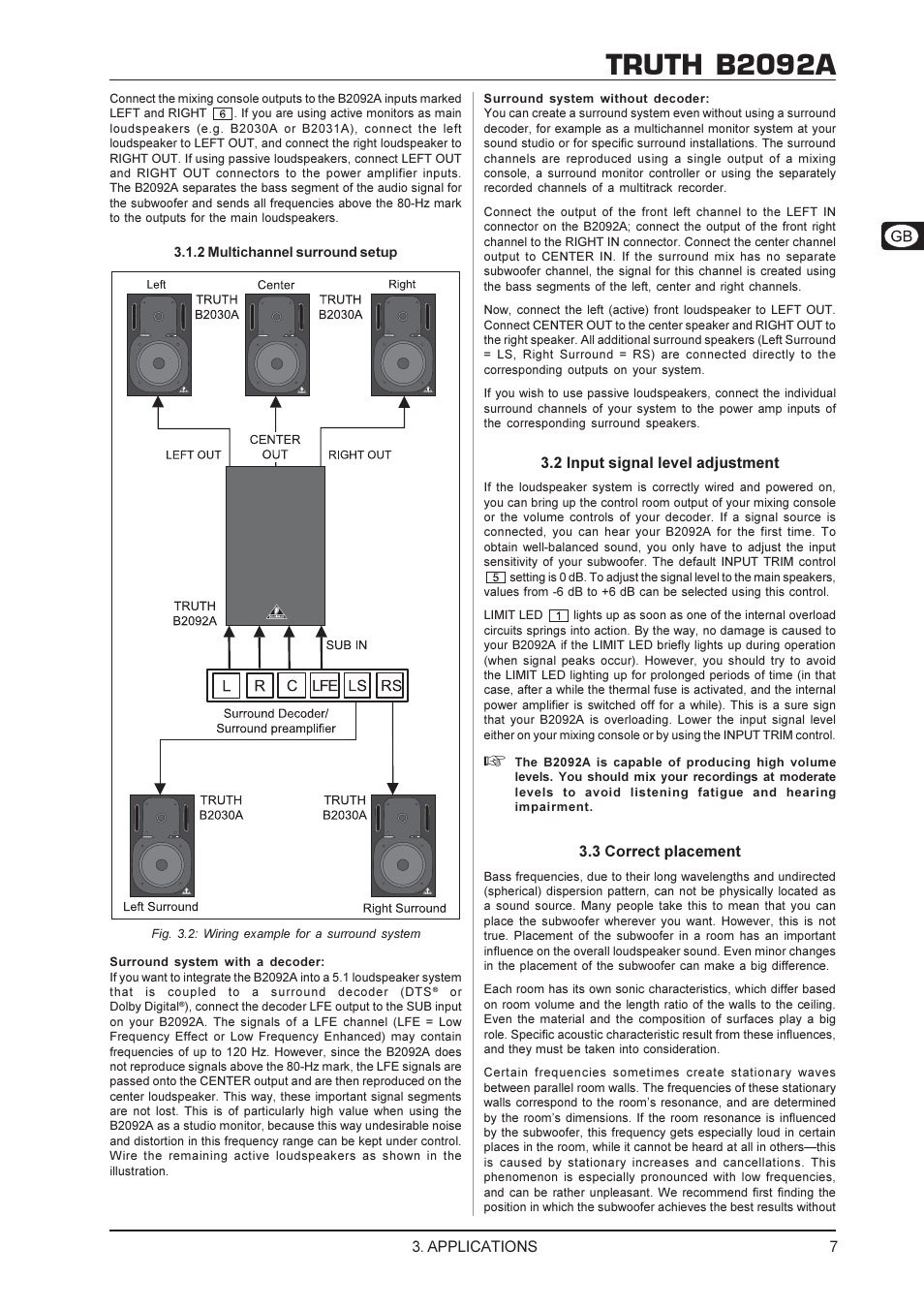 Truth b2092a, Applications, 2 input signal level adjustment | 3 correct placement | Behringer TRUTH B2092A User Manual | Page 7 / 10