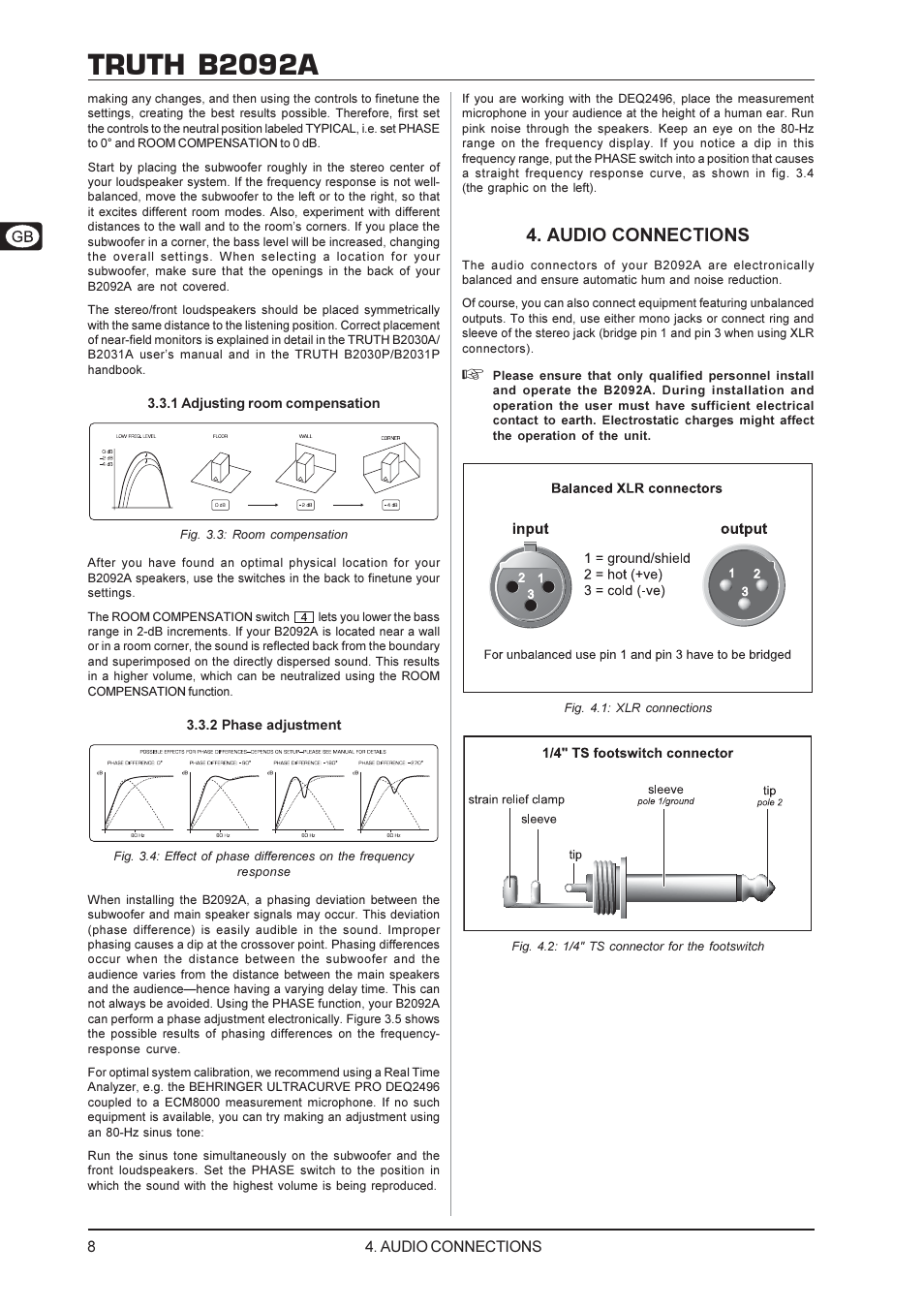 Truth b2092a, Audio connections | Behringer TRUTH B2092A User Manual | Page 8 / 10