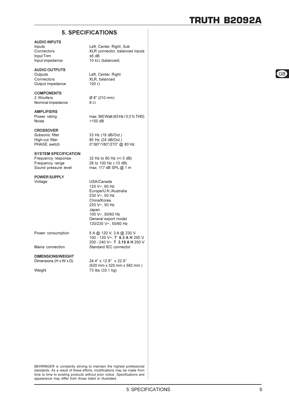 Truth b2092a, Specifications | Behringer TRUTH B2092A User Manual | Page 9 / 10