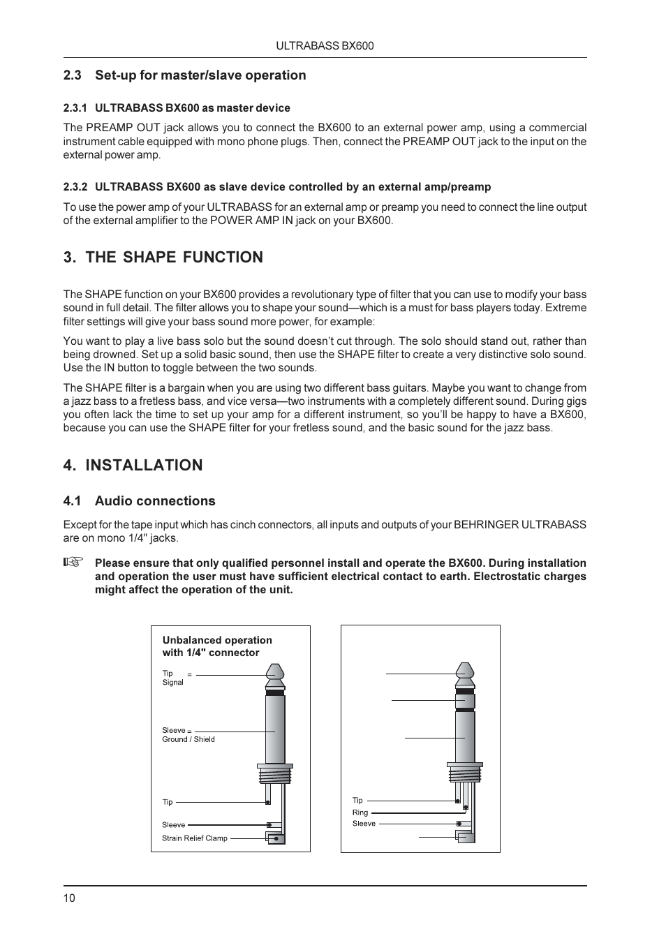 The shape function, Installation | Behringer BX600 User Manual | Page 10 / 12