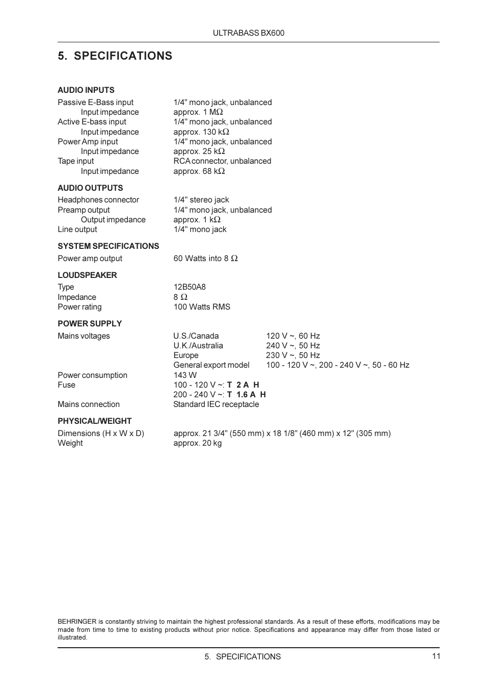 Specifications | Behringer BX600 User Manual | Page 11 / 12