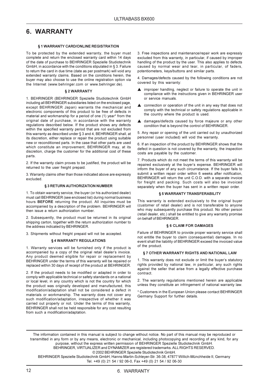 Warranty | Behringer BX600 User Manual | Page 12 / 12