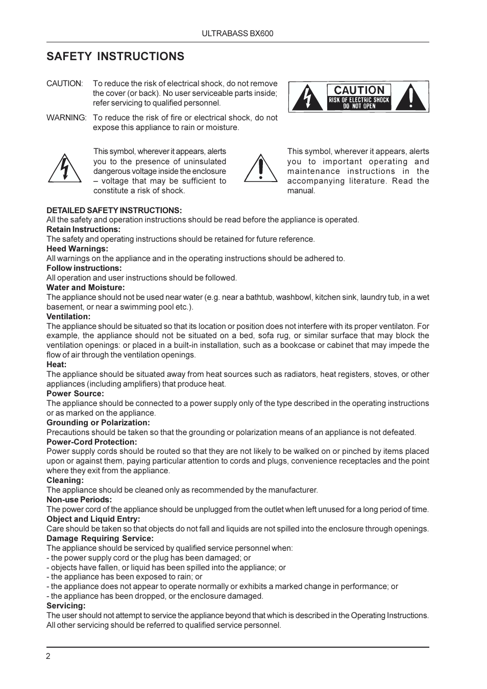 Safety instructions | Behringer BX600 User Manual | Page 2 / 12