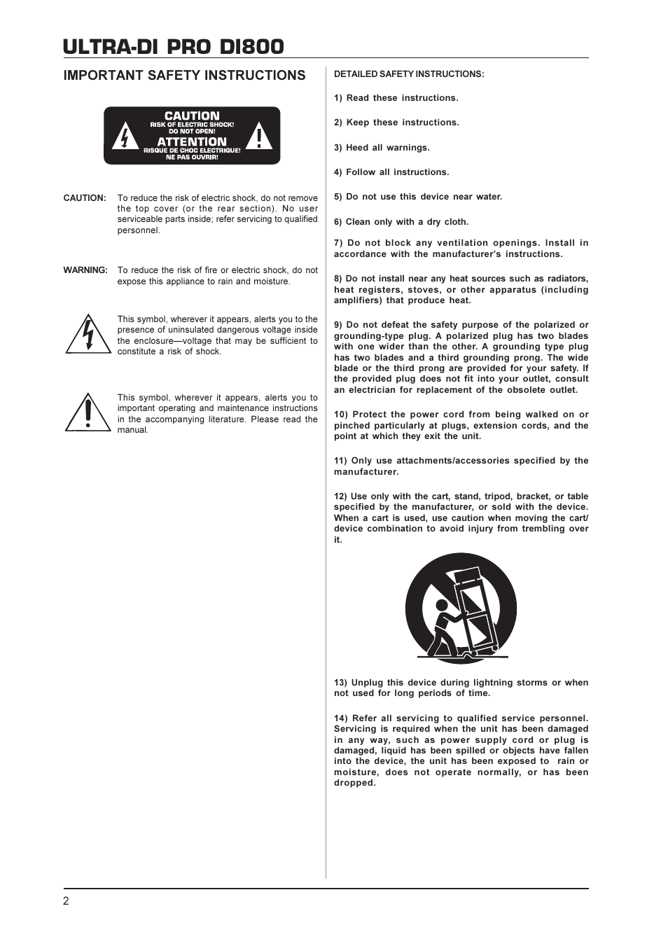 Ultra-di pro di800, Important safety instructions | Behringer DI800 User Manual | Page 2 / 8