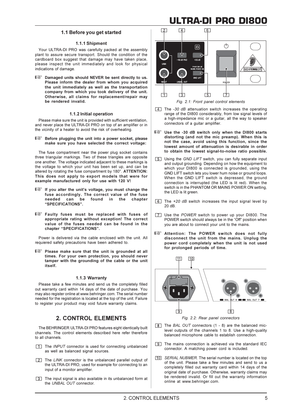 Ultra-di pro di800, Control elements | Behringer DI800 User Manual | Page 5 / 8