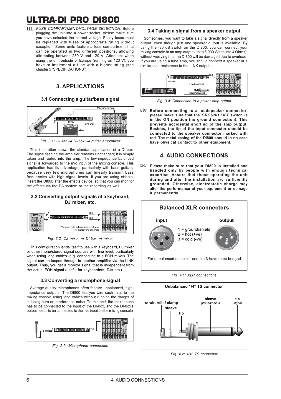 Ultra-di pro di800, Applications, Audio connections | Behringer DI800 User Manual | Page 6 / 8