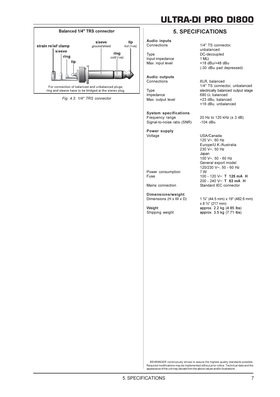 Ultra-di pro di800, Specifications | Behringer DI800 User Manual | Page 7 / 8