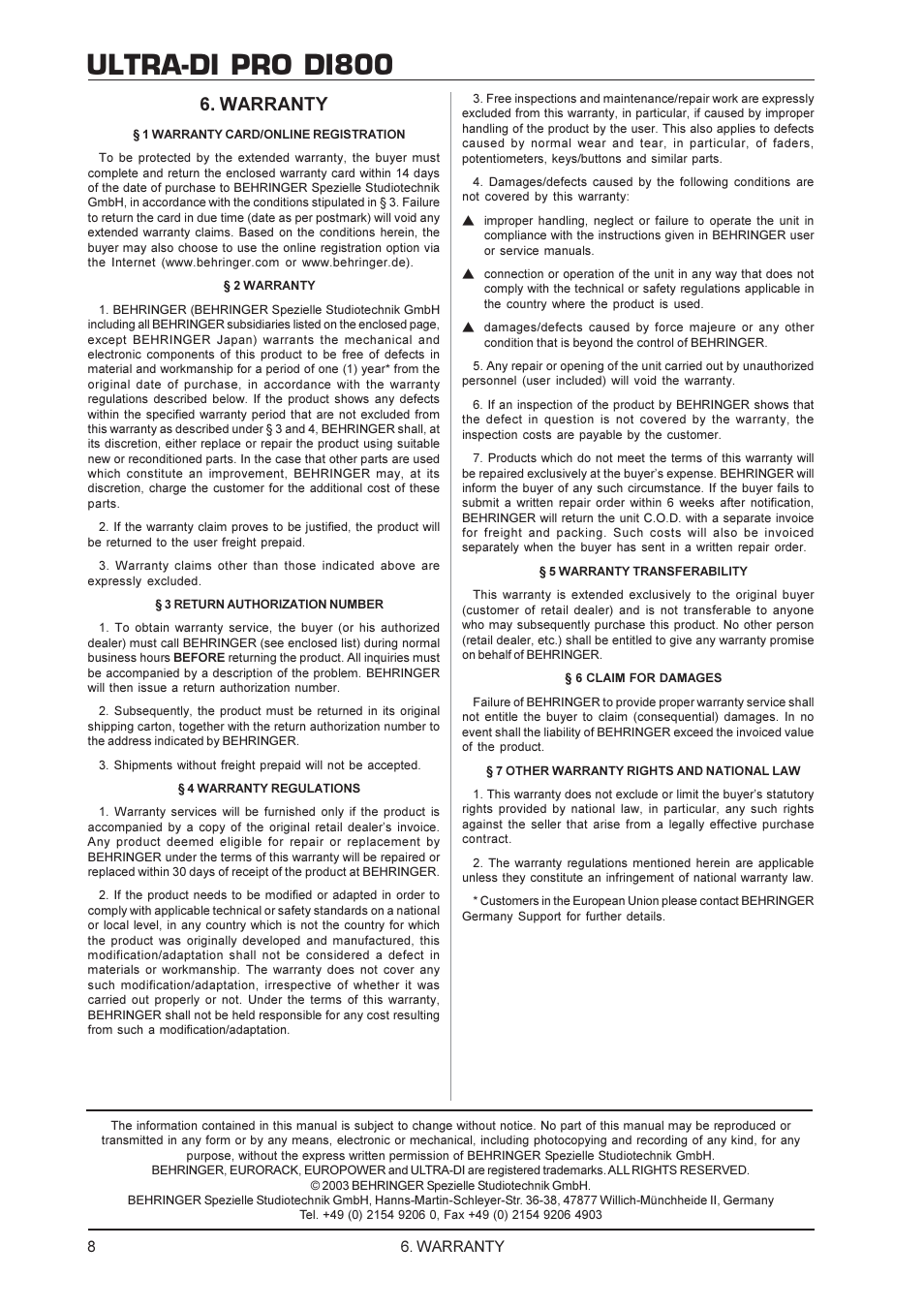 Ultra-di pro di800, Warranty | Behringer DI800 User Manual | Page 8 / 8