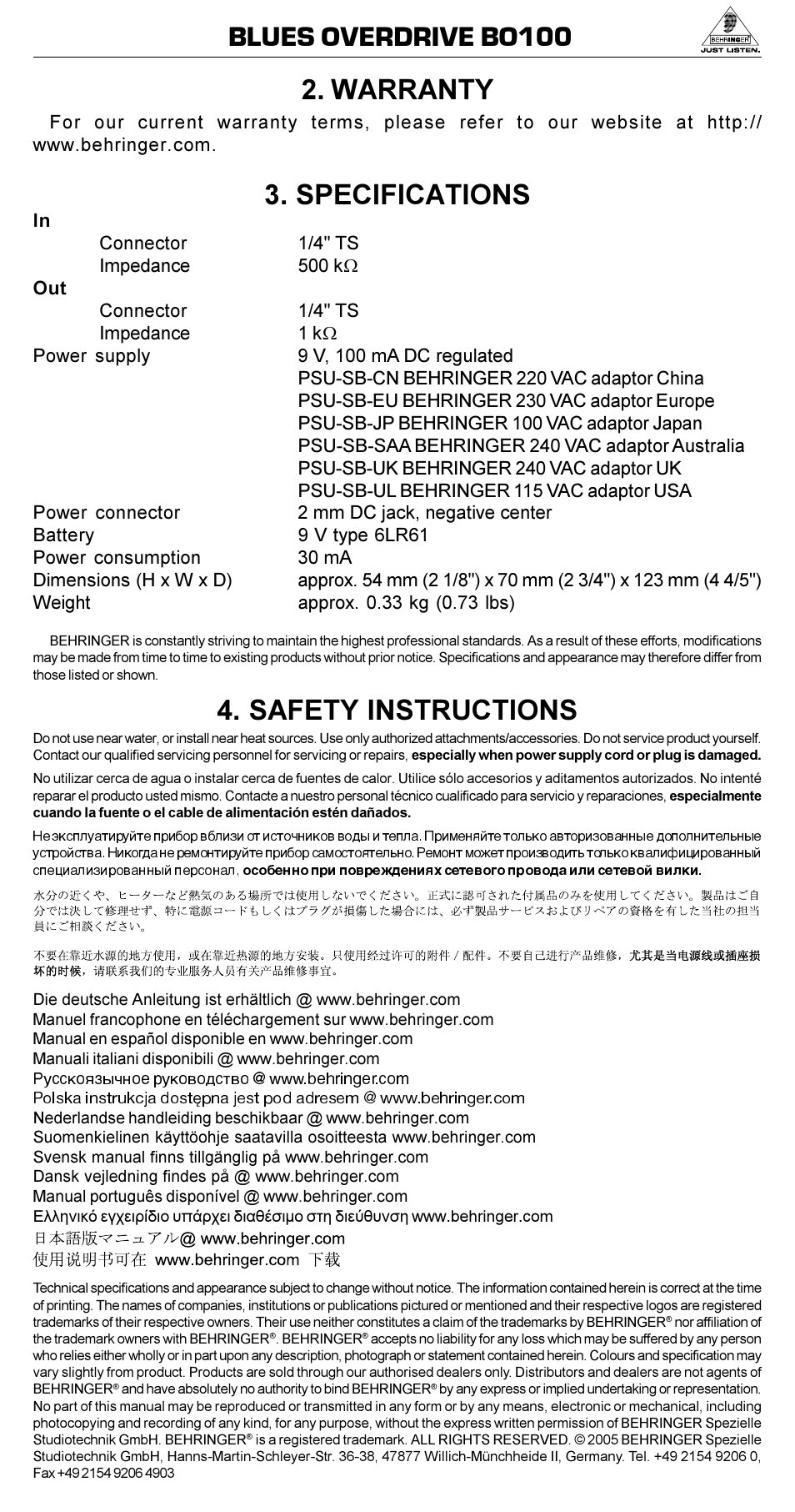 Blues overdrive bo100 2. warranty, Specifications, Safety instructions | Behringer BLUES OVERDRIVE BO100 User Manual | Page 2 / 2