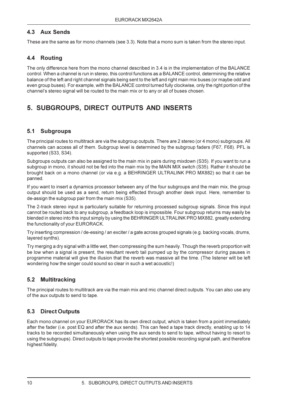 Subgroups, direct outputs and inserts | Behringer MX2642A User Manual | Page 10 / 22
